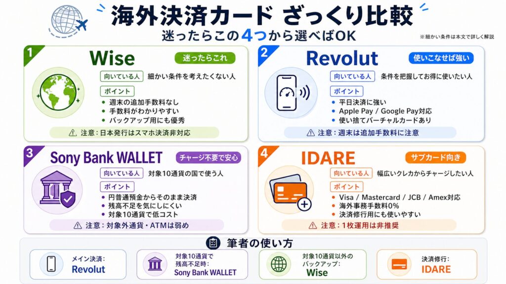 海外旅行の決済におすすめのカード4選｜Wise・Revolut・Sony Bank WALLET・IDAREを比較