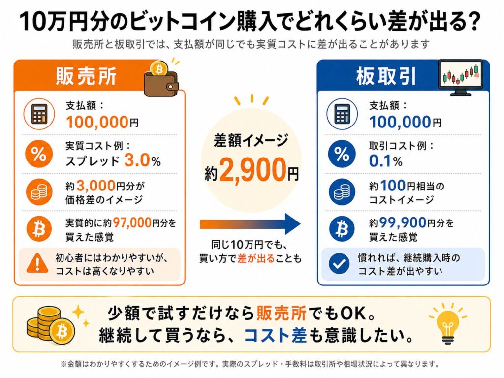 10万円分の暗号資産を購入した場合のコスト差
