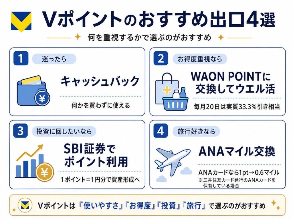 Vポイントのおすすめ出口4選をキャッシュバック、ウエル活、SBI証券、ANAマイルで比較した図解